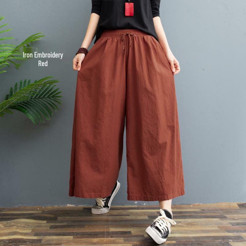 Plus Size Summer Cotton Linen Wide-Leg Pants - Lightweight, Versatile Eight-Point Culottes