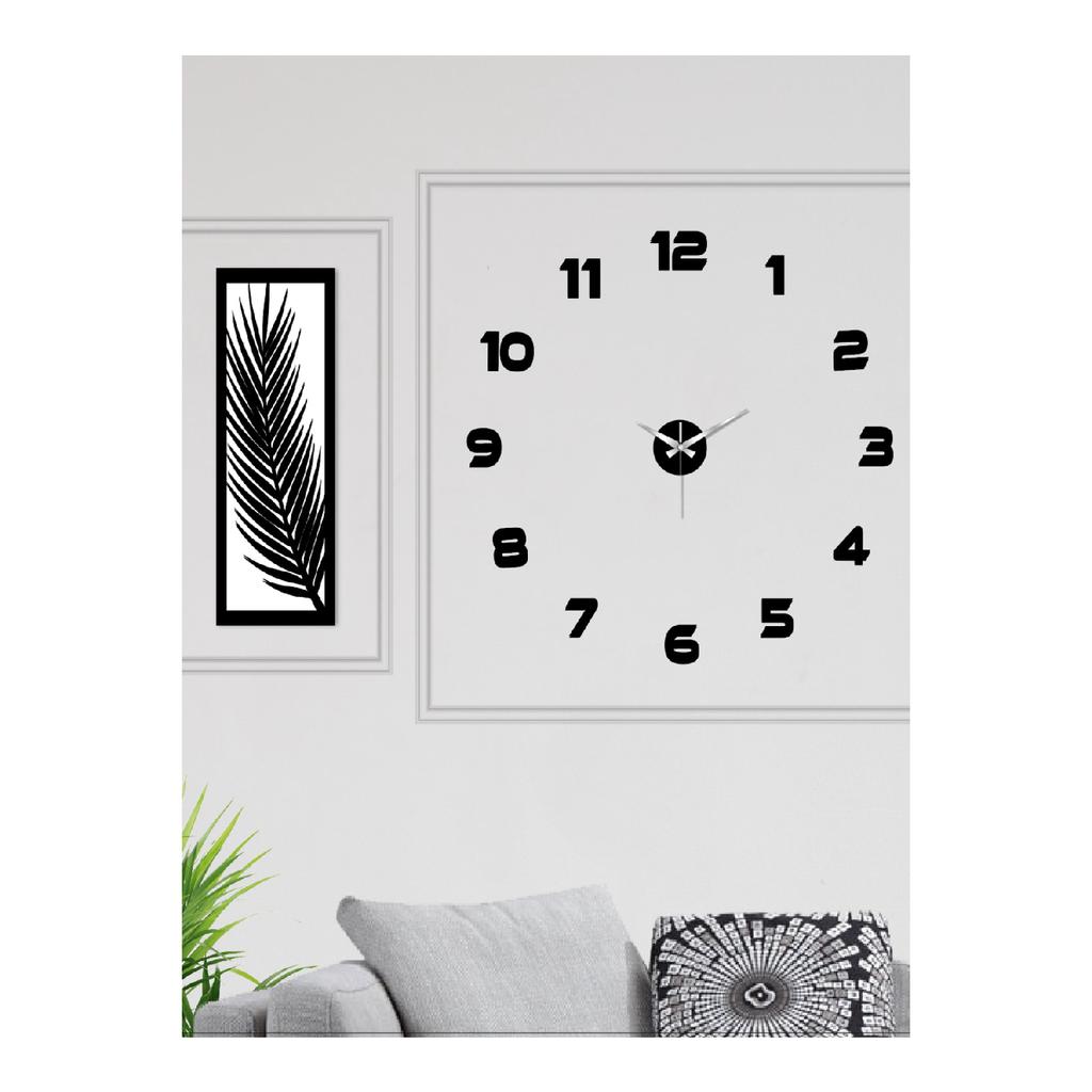3 Piece Wall Clock Set, Acrylic Plexiglass Mirrored Palm Leaves And Roman R. Clock