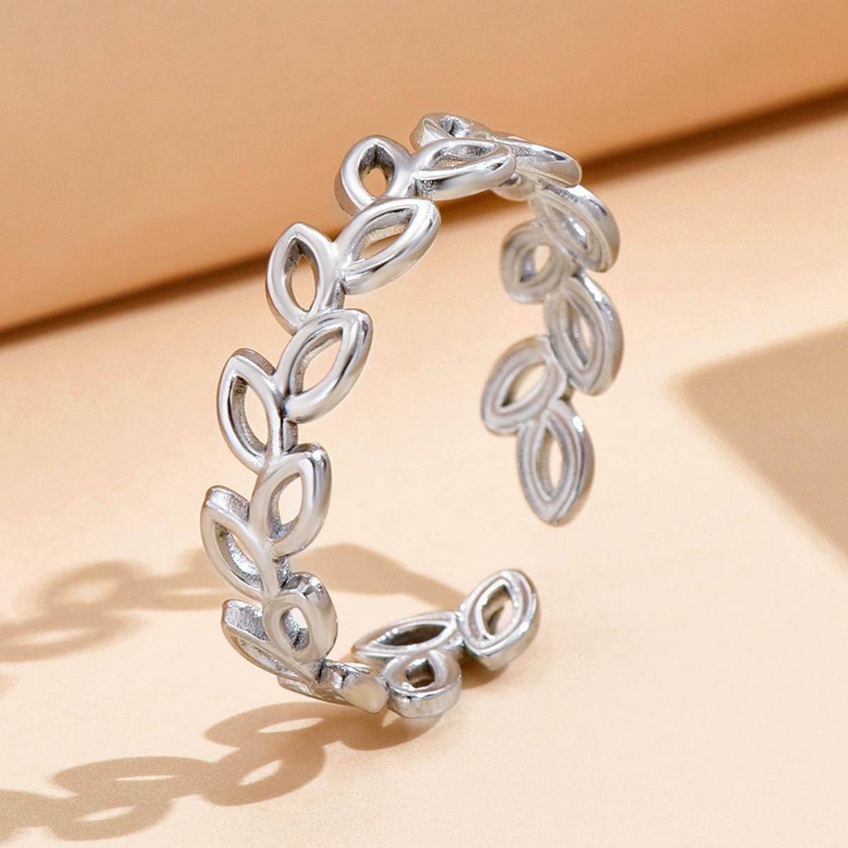 Adjustable Stainless Steel Leaf Open Ring for Women - Non-Fading Design