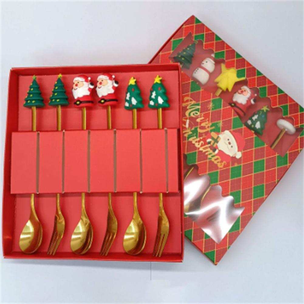 Xmas Tree Dessert Spoon Set Stainless Steel Holiday Coffee Spoon Fruit Fork Mini Cutlery Gift Christmas Present Party Favor
