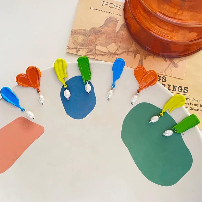 French Retro Oil Painting Colorful Asymmetrical Pearl Drop Earrings For Women Girls Unique  Romantic Jewelry Gift