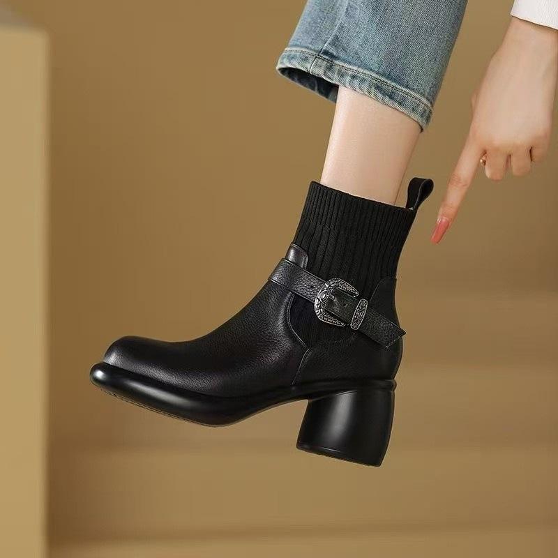 Thick-soled Women's Shoes,Soft Leather, Chunky Heels, Slim Stretch Boots, New High-heeled Ankle Boots