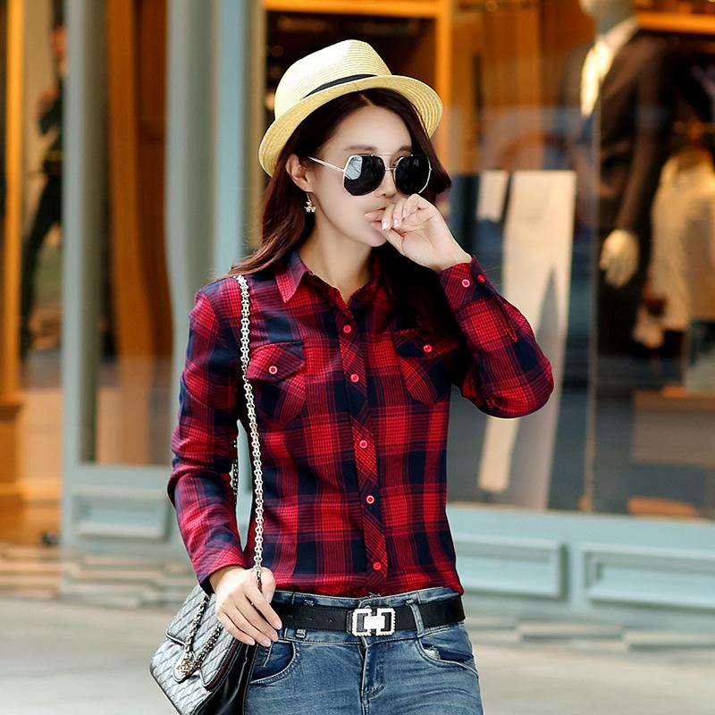 New Cotton Women's Shirts Grid Plus Size M-5XL Blouse Shirt Casual Long Sleeve Checkered Shirt  Turn-down Collar Streetwear