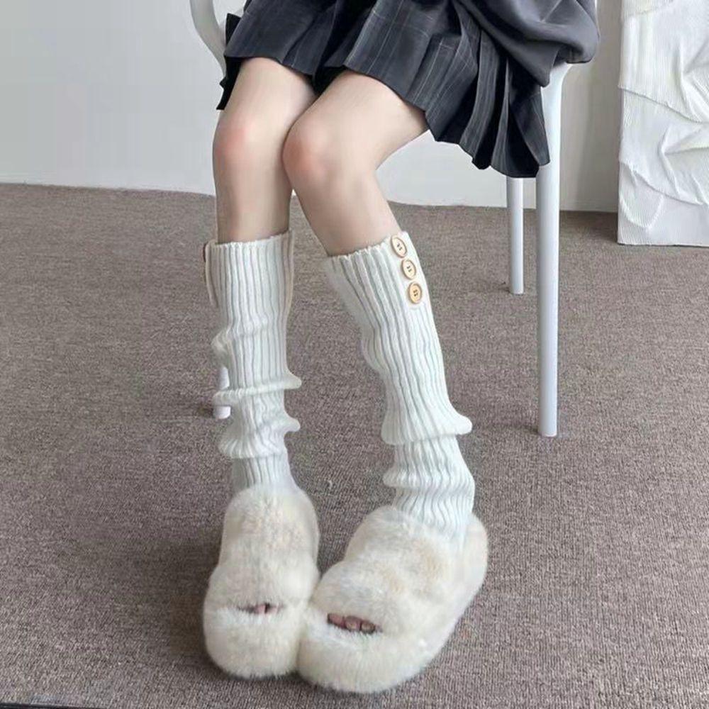 Style Buttons Stripe Lolita Wool Boots Women Leg Warmers Knitted Foot Cover Long Socks Cover