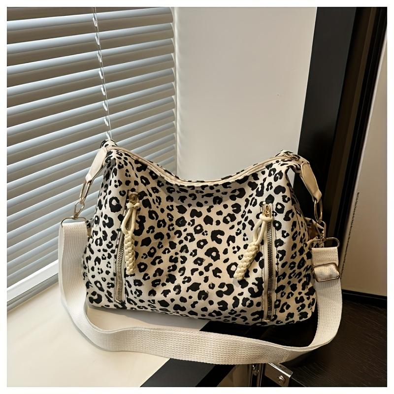 Fashion Leopard Print Large Capacity Tote Bag Casual Women's Shoulder Bag Simple Vintage Crossbody Bag Fashionable Leopard Pattern Zipper Shopping Bag