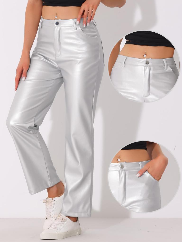 Allegra K Punk Pants, High-Waisted, Straight-Leg, Casual, PU Faux Leather, Retro, Shiny, Women's, Silver, Size S