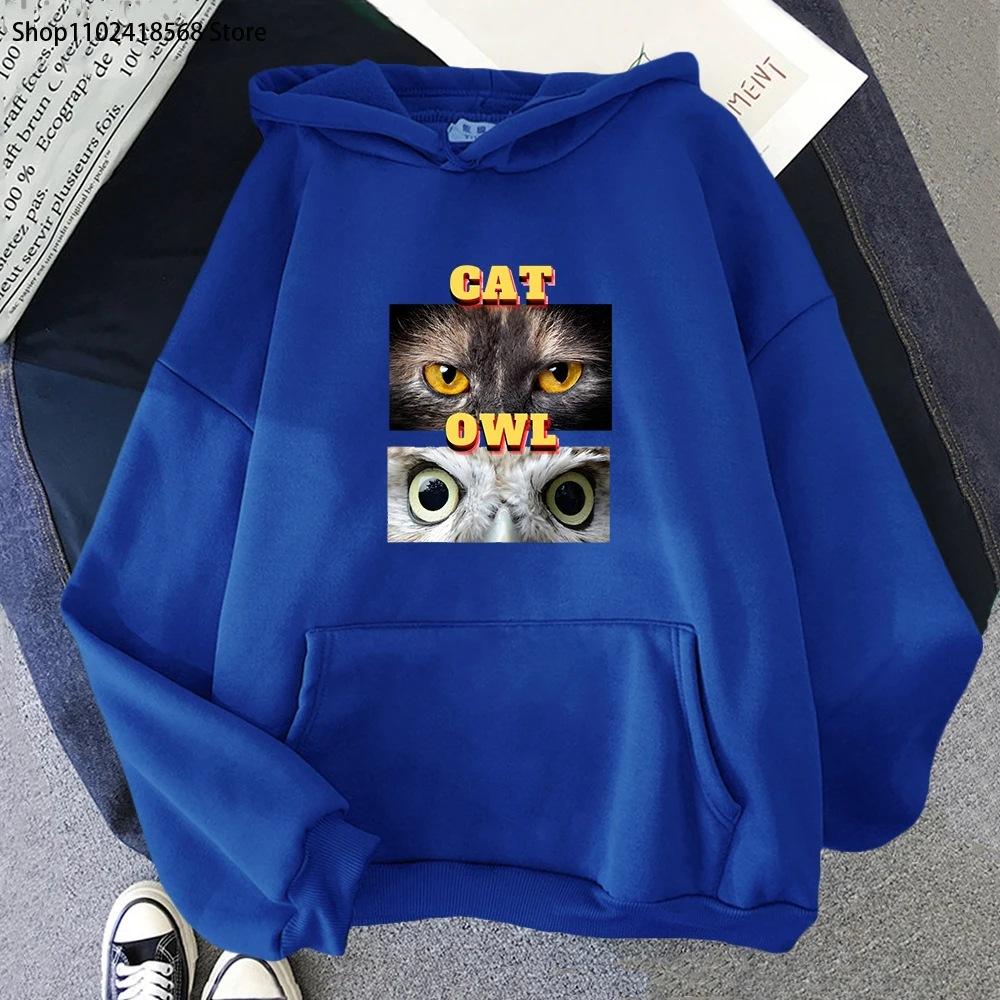 Animal Garphic Men Clothing A Cat and An Owl Hoodies Cartoon