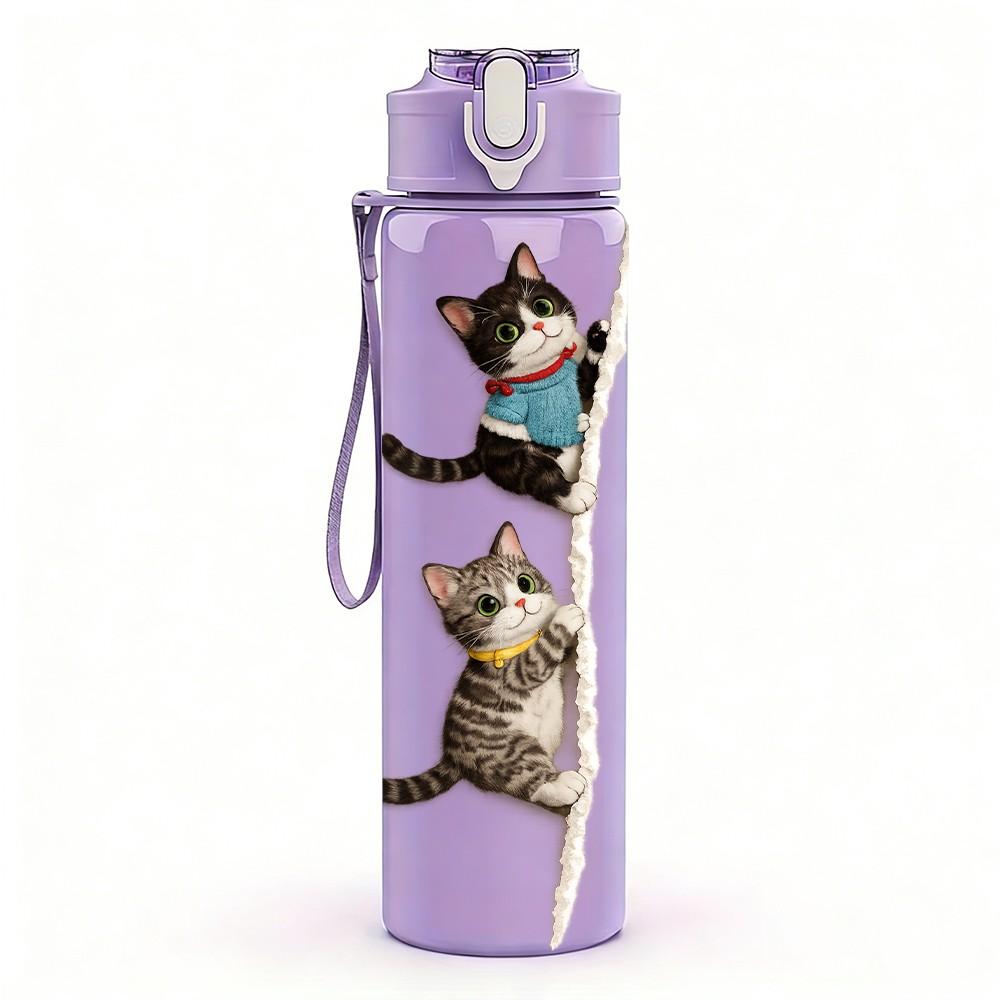 1PC Cat Climbing Up Vertical Wall Print 750ml Color Plastic Sports Water Bottle Leakproof Flip Straw Lid Suitable for Sports Office Home Use