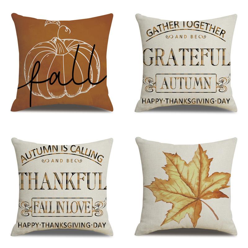 Thanksgiving Linen Pillowcase Autumn Pumpkin Print Pillow Cushion Cover