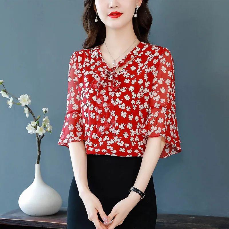 

WTEMPO Літня елегантна шифонова блузка з V-подібним вирізом і рукавами 3/4, жіноча мода, пуловер із воланами, вільні сорочки, жіночий одяг 4XL червоний