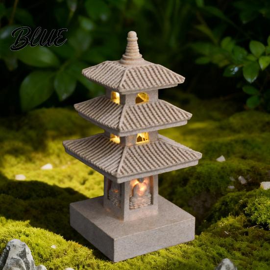 Figurilla de Resina para Patio Trasero Pagoda Solar Estatua de Jardín 3/4 Niveles Adorno Exterior para Césped Ornamento con Luz LED Exterior Alimentado por Energía para Paisaje Balcón