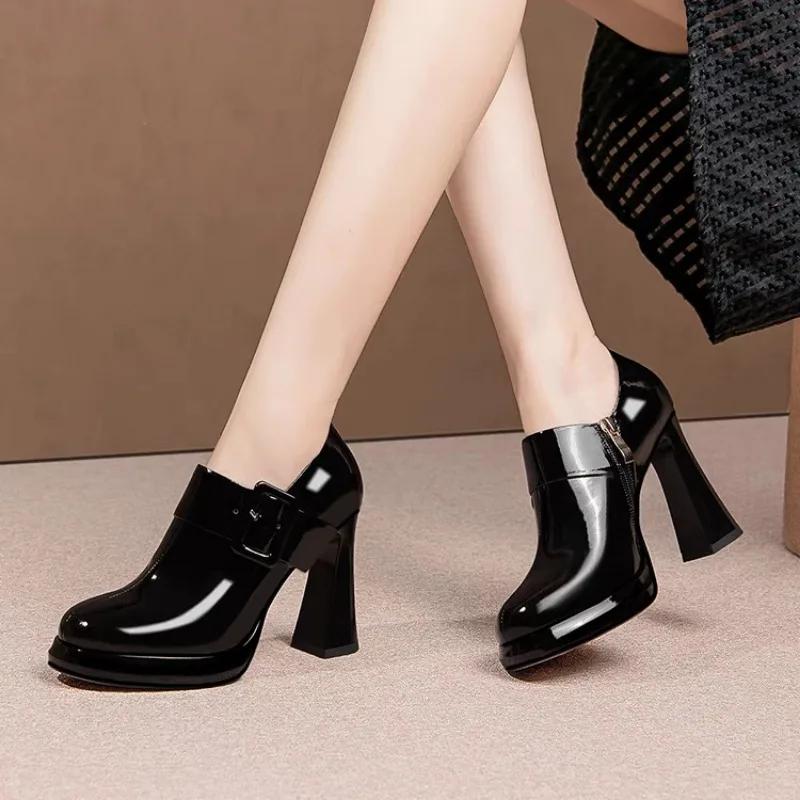 Spring and Autumn New Black Round Head Thick High Heel Single Shoes Female Side Zip Casual Platform Pumps Women's Shoes