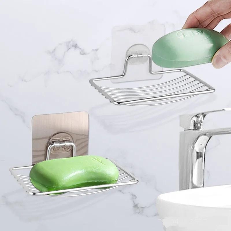 Non Perforated Soap Holder Drain Stainless Steel Bathroom Wall Mounted Soap Box Self-adhesive