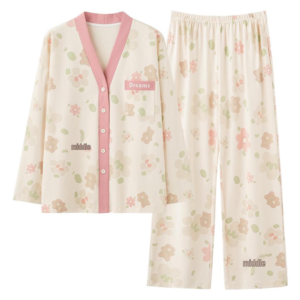 Damen Baumwoll-Langarm-Pyjama-Set - Frühlings-/Herbst-Stil, Lässiger Cardigan, Lange Hose, Kann Draußen Getragen Werden (2025 Neu).