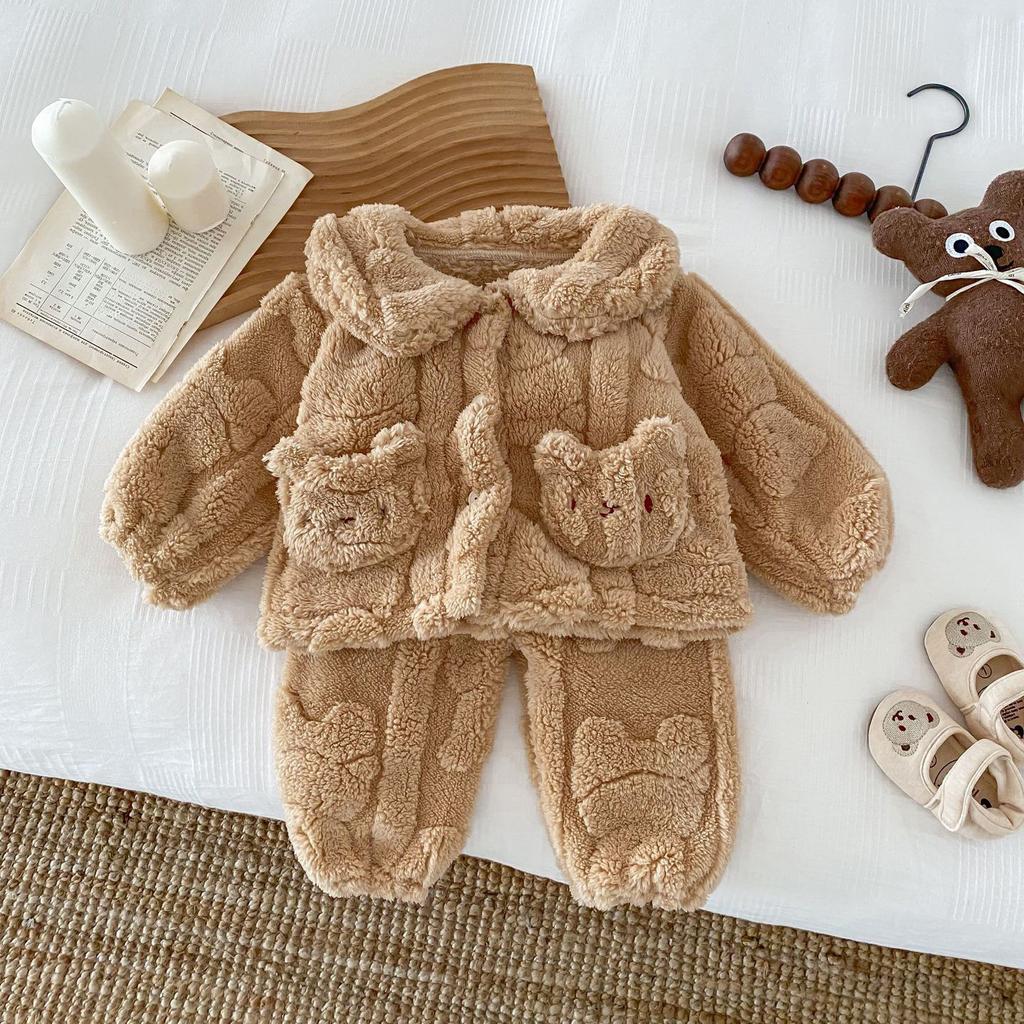 Pysjamas for barn, høst og vinter, fortykket fleece-barnesett Lapel Xiao Xiong Shu bomullsfleece til barneklær