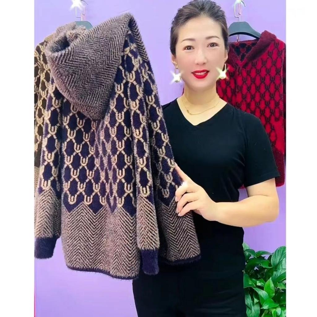 Imitation Mink VelvetShort Woolen Coat Fall Winter Middle Aged Women Knitted Cardigan Sweater Zipper Coats