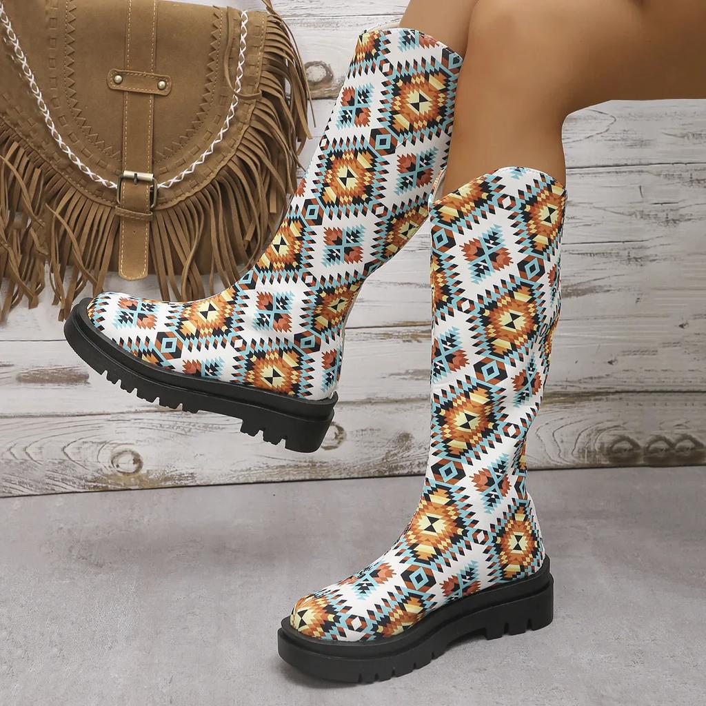 Vintage Floral Pattern Platform Long Boots  Women Fashion Show Style Slip-on Female Mid-Calf Boots Casual Large Size 43 Booties