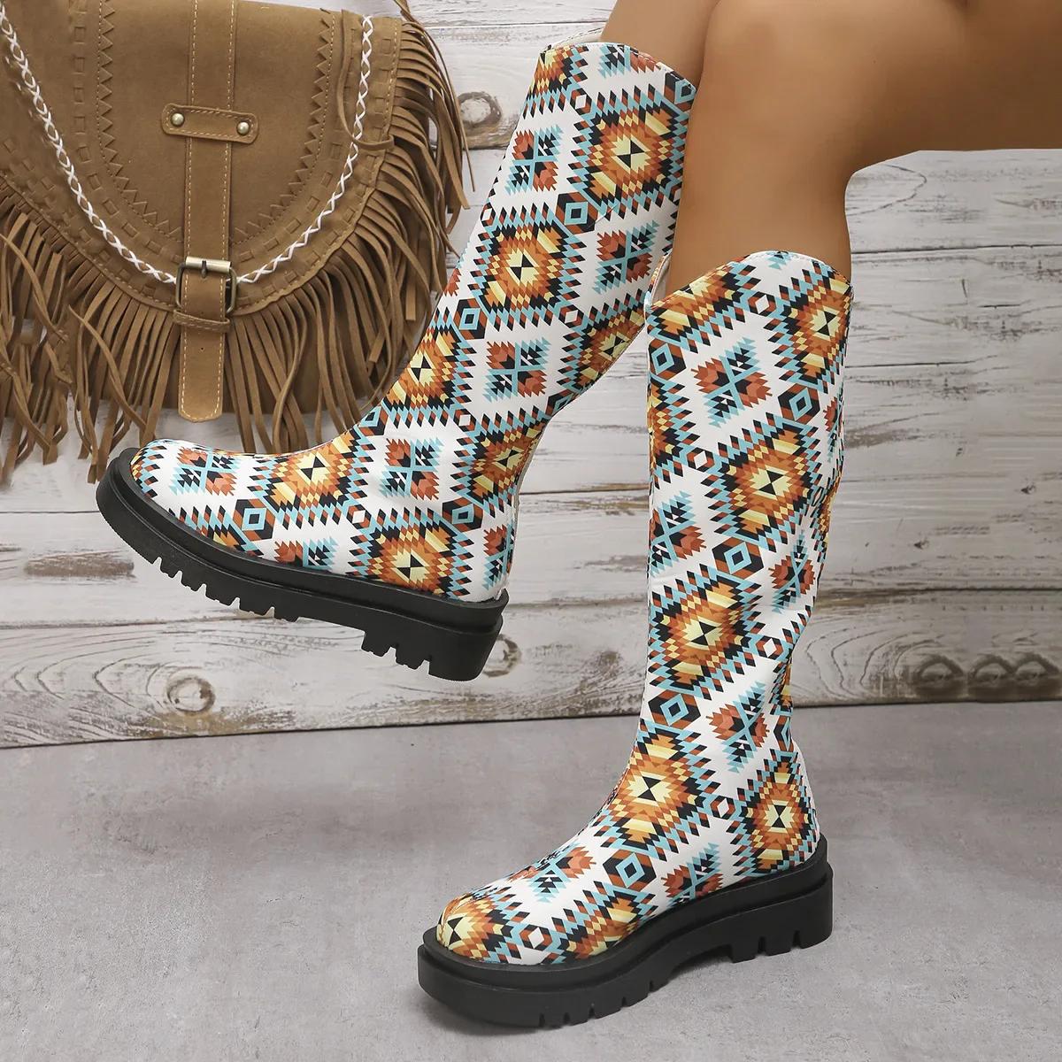 

Модные винтажные сапоги на платформе с цветочным узором, женские сапоги до середины икры в стиле показа мод, повседневные сапоги большого размера 43 42