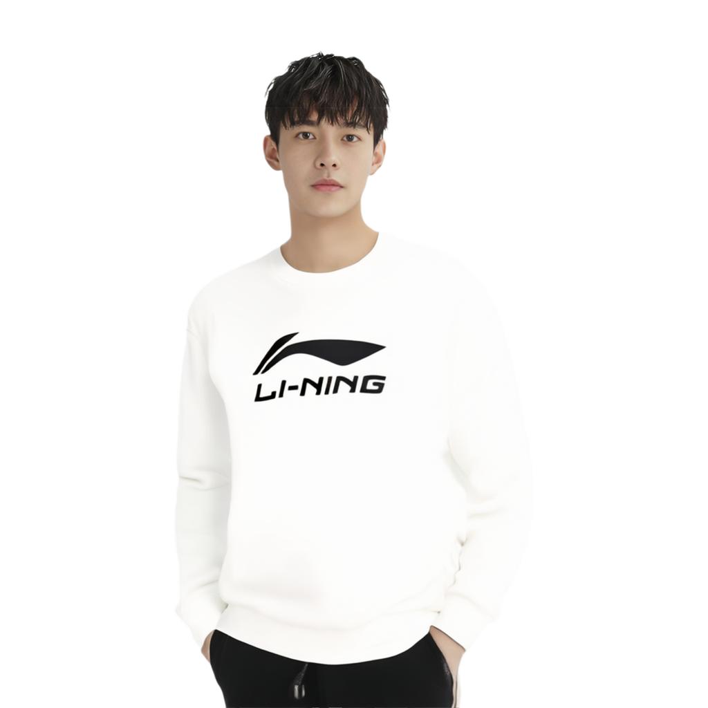 Li Ning Sports Trend Series Casual Minimalist Solid Color Round Neck Pullover Loose Sweatshirt Men sweatshirt Off-White AWDV243-1