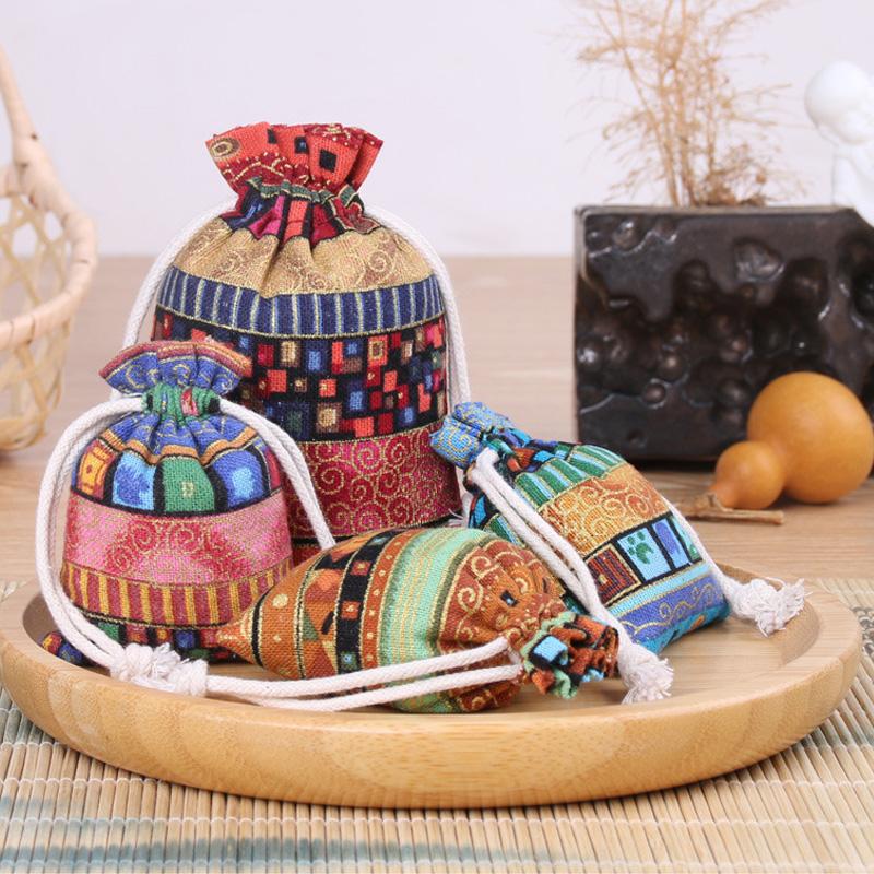 1/10PCS Ethnic Style for Weddings Christmas Stripe Buddhist Beads Sorting Bag Drawstring Pocket Bag Bohemian Jewelry Bag Cotton