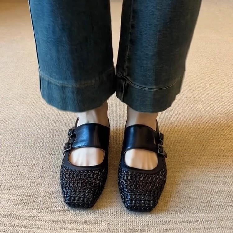 Soft leather version~ inner height increase word with half slippers women's square head versatile woven hollow breathable outer bag head sandals