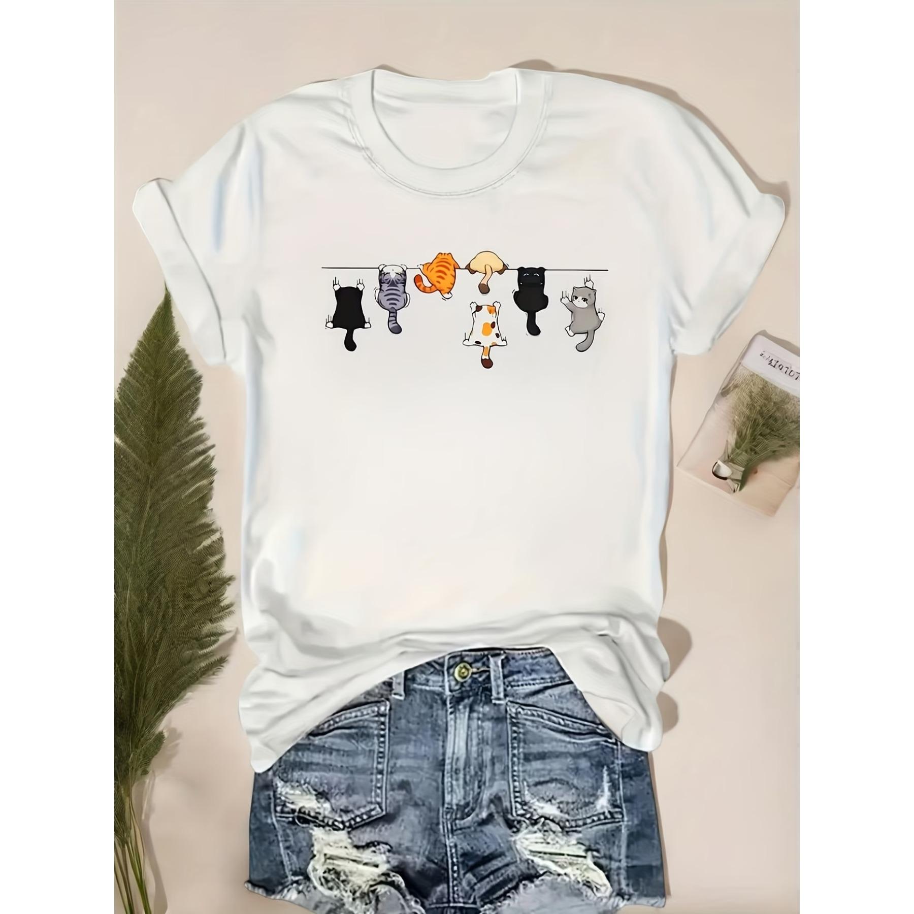 Women s Short-Sleeve T-Shirt with Adorable Cat Print Round Neck, Machine Washable, Casual Style for Casual Attire S