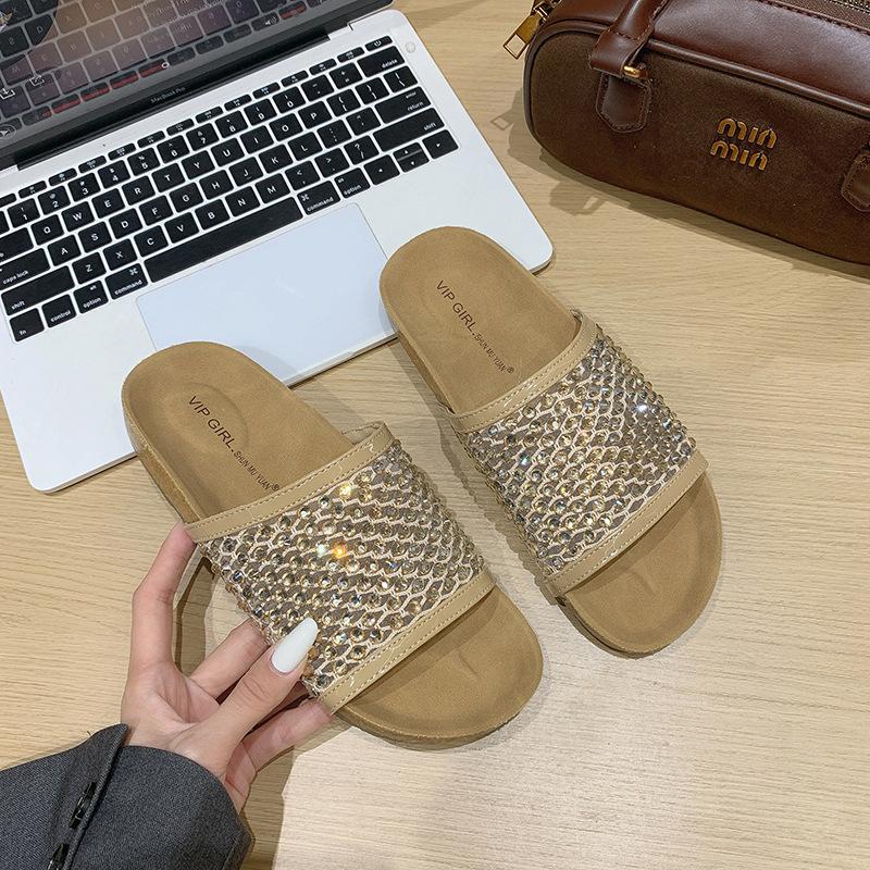 Women's shoes 2025 summer new wear fashion versatile mesh rhinestone decoration one-word drag thick-soled beach cool slippers
