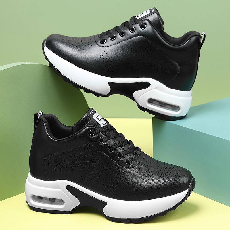 8.5cm Wedge Heel Platform Shoes Chunky Sneakers Hollow Breathable Women Summer Sneakers Pumps Shoes Microfiber Leather Shoes