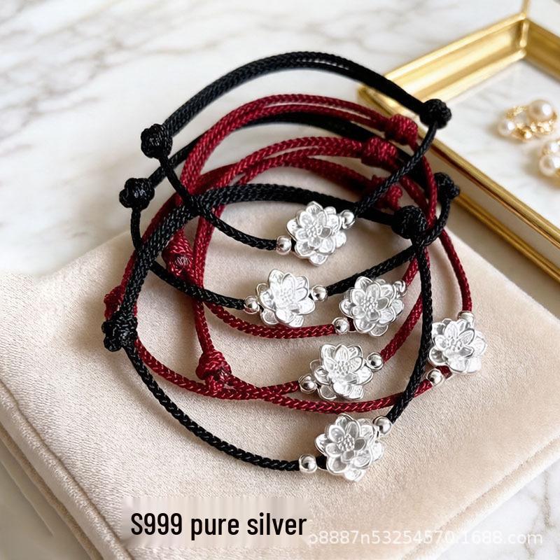 Sterling Silver 999 Lotus Red String Bracelet - Good Luck Zodiac Birthday Gift for Friends and Couples чёрный
