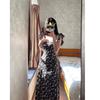 75 Tall Extended Black Floral Waist Dress Women's Ankle Rose Island Lotus Leaf Edge Skinny Long Dress