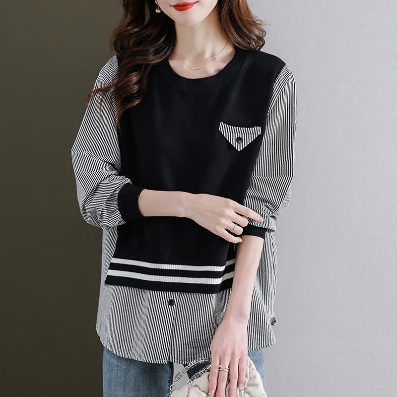 Neuer Frühlingsstil mit leicht dickem MM-Design und falschem zweiteiligem Streifenpullover, damit Sie schlank aussehen. Langarm-Oberteil mit Rundhalsausschnitt