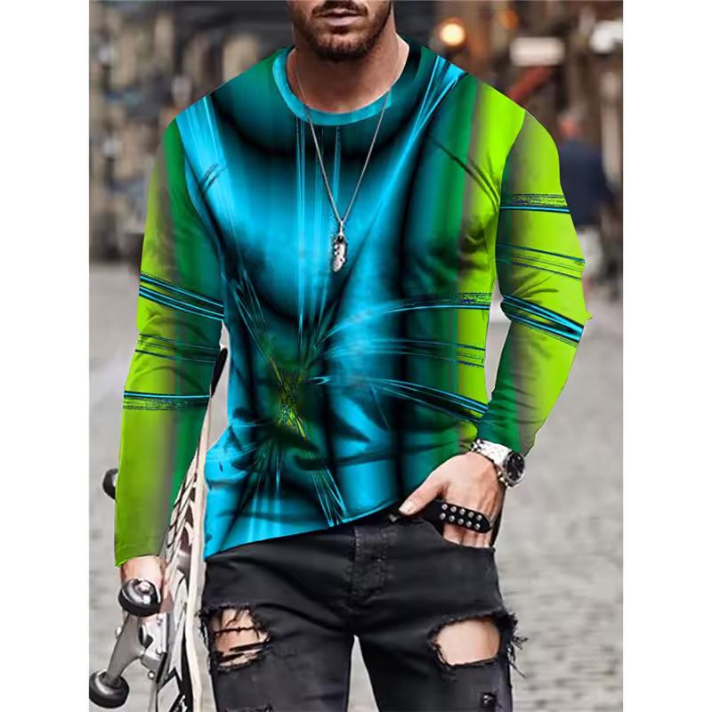 Vintage Pattern T-Shirt For Men Colorful Striped 3D Printed T Shirts Summer Casual Long Sleeves Loose Street O-Neck Tops Tees