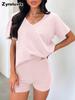 Short Sleeve Spring Summer New V-Neck Casual Temperament Solid Color Fashion Set Women