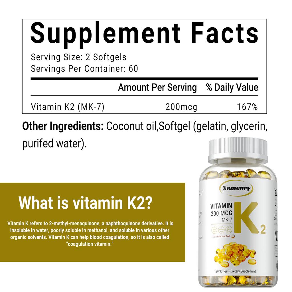 Xemenry Vitamin K2 MK-7 Supplement, 200 mcg Per Serving, Oil Softgles | Easily Absorbed, Active Menaquinone Form | Immune, Joint, & Heart Support
