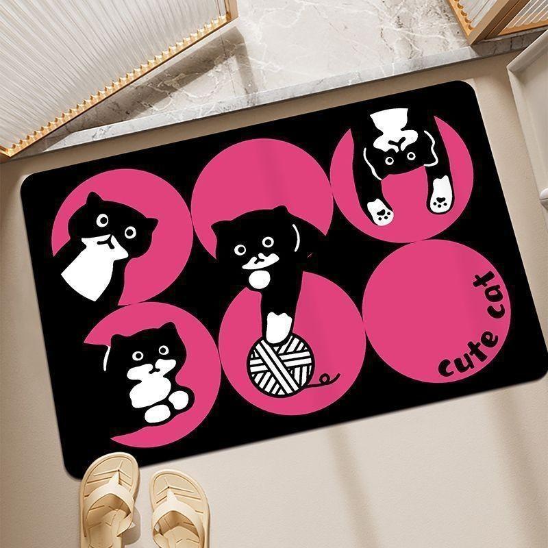 Cute Dog Cartoon Cat Checkered Pattern Diatom Mud Cushion Kitchen Carpet Toilet