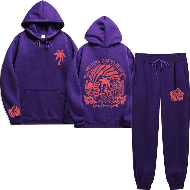 Chasing Sunsets Threaded Peripheral Printing Men's and Women's Sweatshirts Sweatpants Set Hoodie Straight Pants Set
