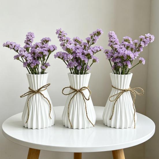 White Faux Ceramic Vase for Living Room Bedroom Kitchen Home Decor Ribbed Design Decorative Flower Holder with Jute Rope Bow for Bouquet Pampas Grass