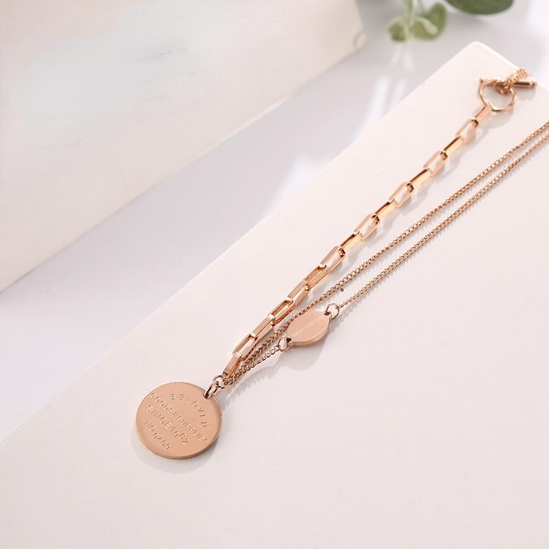 

Retro Light Luxury Rose Gold Double-Layer Ot Buckle Round Brand Necklace Niche Sweater Chain Autumn And Winter Collarbone Chain