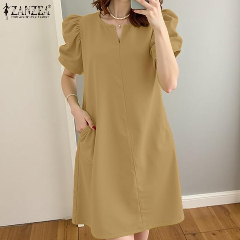 ZANZEA Abito estivo casual da donna con scollo a V e maniche corte, tinta unita