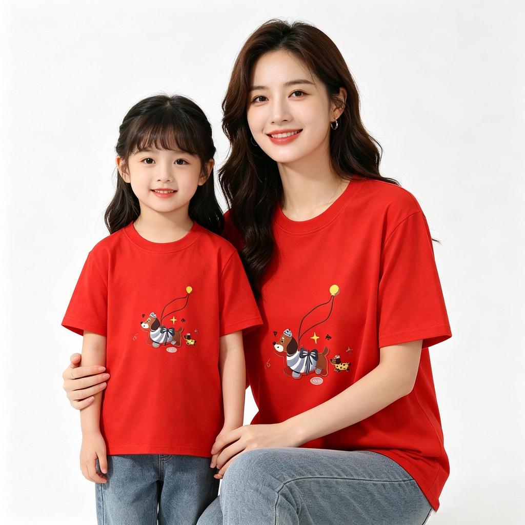 Puppy Print 100% Cotton Round Neck Short-Sleeved T-Shirt: Summer New Arrival for Mother-Daughter Matching