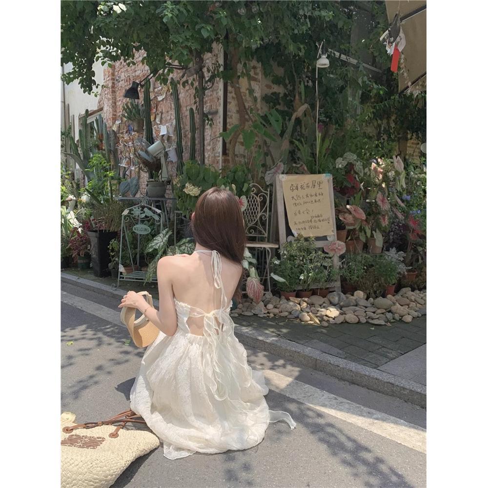 Seaside Vacation Beach Dress Women's Travel Dress White Wear Travel Skirt Long Dress Dopamine