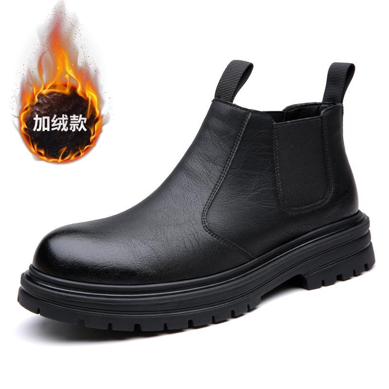 Chelsea Boots Men'S Cigarette British Style High Top Leather Men'S Boots Season Fleece Warm Martin Boots Men'S