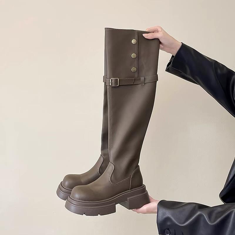 

Женские модные универсальные ботфорты на толстой подошве и толстом каблуке, новинка осени и зимы 2025 года 39 хаки