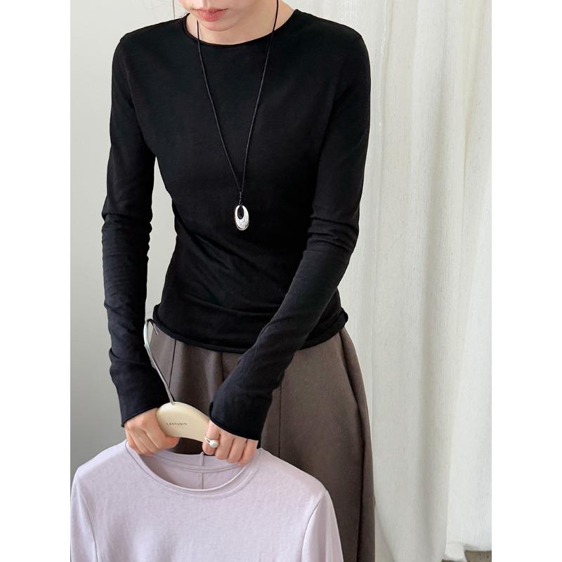 Luxi Korean Style Versatile Rolled Edge Round Neck Bottoming Shirt for Women Autumn New Long-sleeved Inner Slim Fit Top