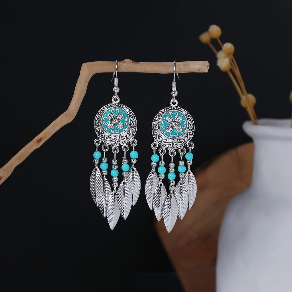 Bohemian Ethnic Style Oval Earrings, Retro Tourist Attractions Ethnic Minority Fringed Beaded Earrings
