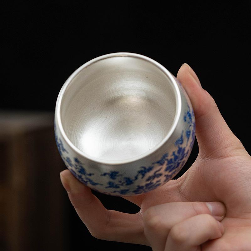 Handcrafted Sterling Silver Ceramic Tea Cup - Blue & White Lotus Design
