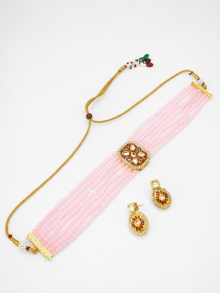 Gold-Plated Pink Stone-Studded & Beaded Handcrafted Jewellery Set