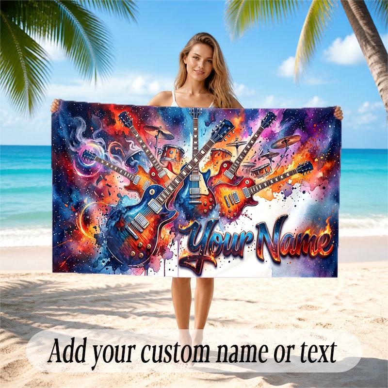 Music Guitar Theme Beach Towel Personalized Custom Name & Text Soft Quick Dry Beach Towel for Swimming Travel