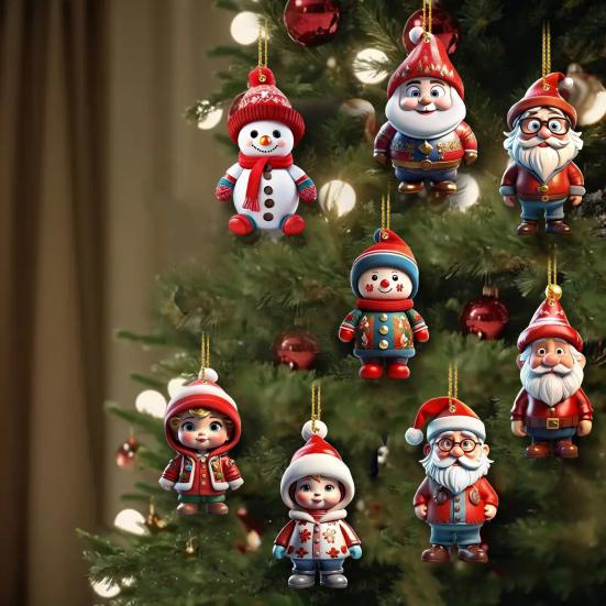 Ornament Cartoon Snowman Santa Claus Pendant 2D Acrylic Xmas Tree