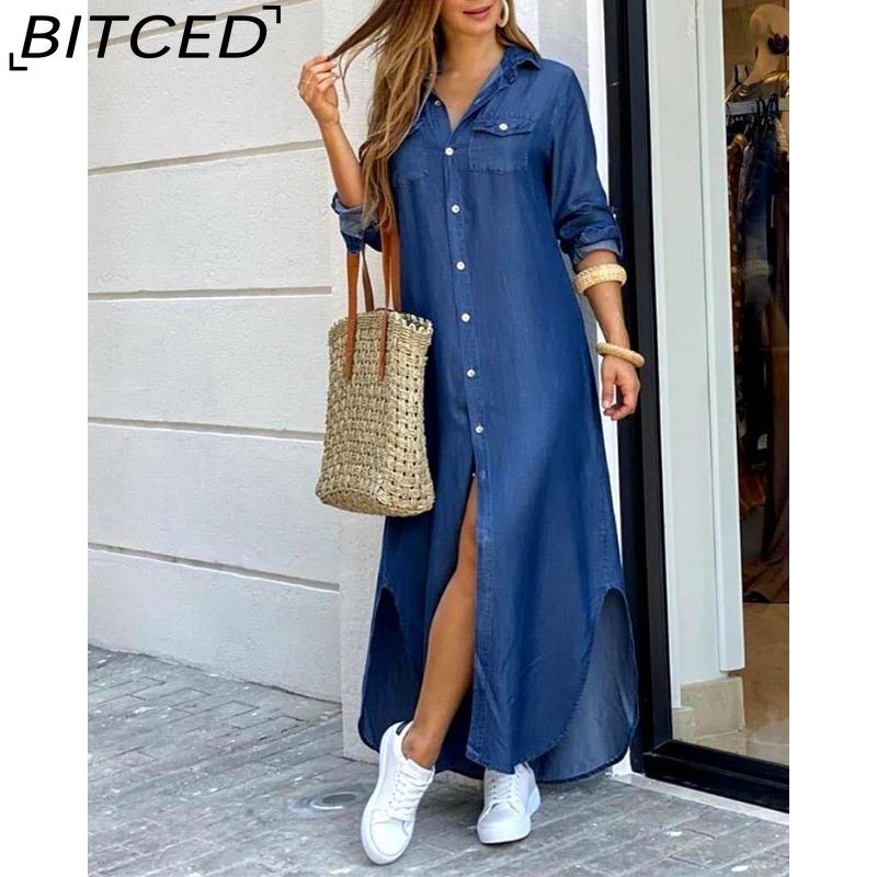 BITCED Women's Spring/Autumn Fashion: Sensual Single-Breasted Button-Down Shirt Dress Loose-Fitting Polo Neck Dress